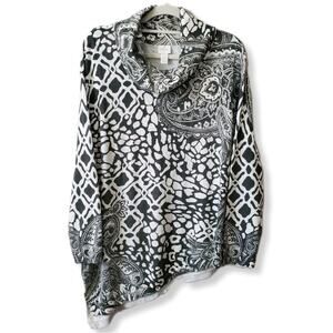 Chico's Cowl Neck Asymmetric Hem Sweater L 2 Paisley Gray White Artsy Lagenlook